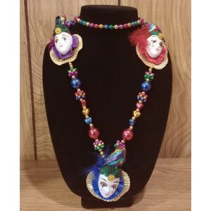 Vintage Rainbow Mardi Gras Porcelain Faced Clown Pendants 40" Beaded Necklace